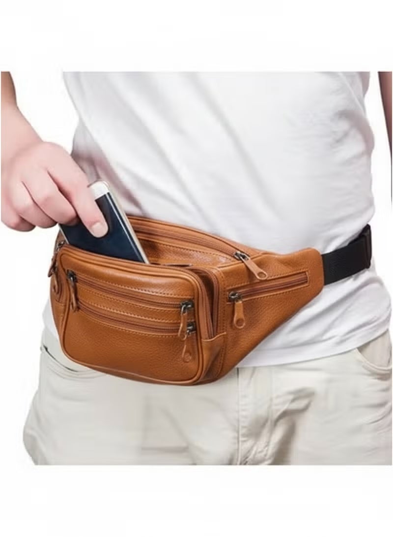 Men's genuine leather waist bag with multiple pockets - practical waist bag with strong metal zippers - stylish and lightweight design - ideal for keeping your mobile phone, wallet and keys safe while going out, traveling and daily errands (Havana) - Image 4